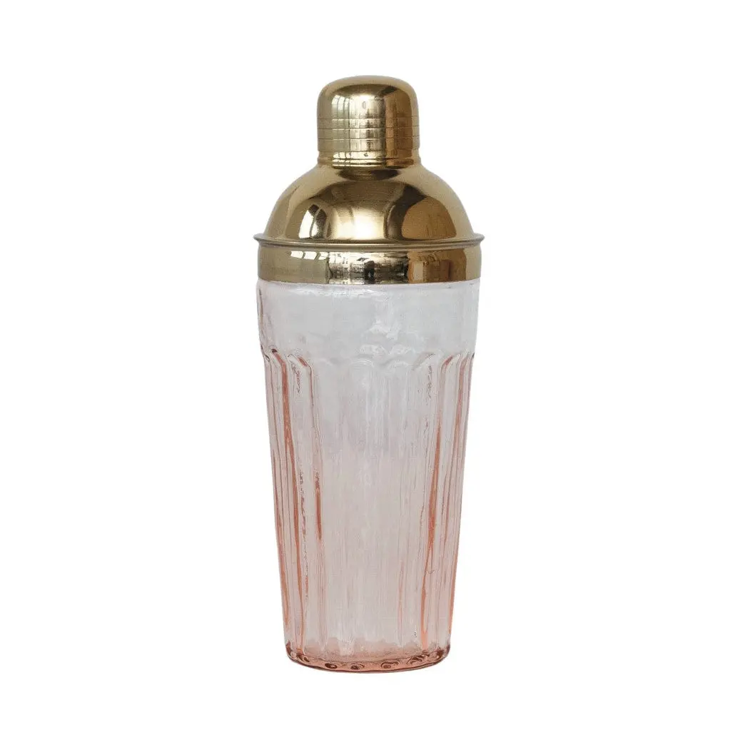 20 oz. Glass Cocktail Shaker w/ Stainless Steel Top, Pink & Gold Finish