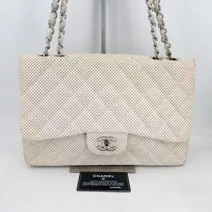 Pre-owned CHANEL Leather Crossbody Bags Timeless Jumbo Perforated Lamb White