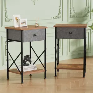 VECELO Set of 2 Nightstand with 1 Fabric Drawers, Narrow Bedside End Table with Storage Shelves, Small Space Organizer for Bedroom, Living Room, or Apartment
