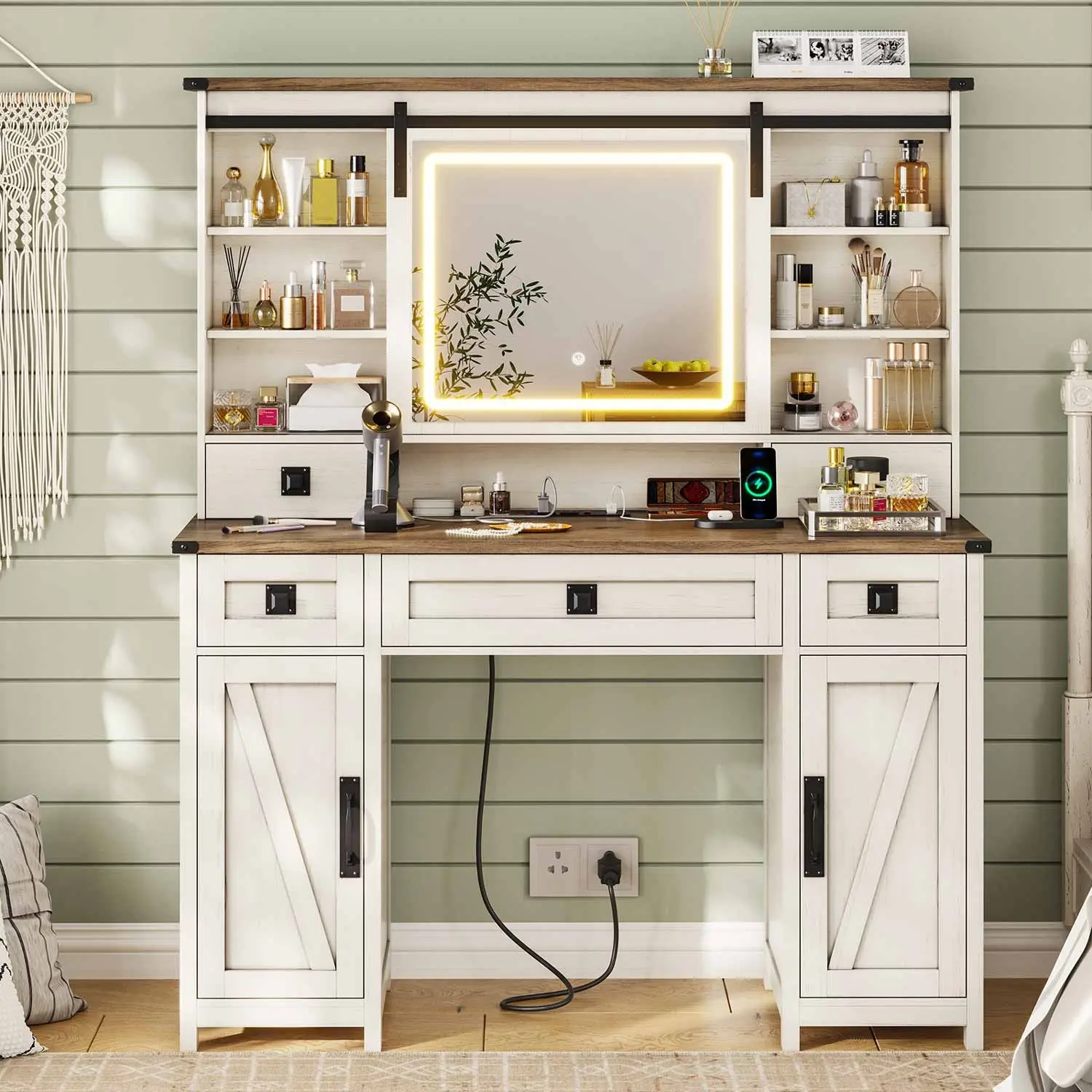 SIKAIC Sturdy Farmhouse Makeup Vanity Table - Rustic Wood Frame Desk Furniture with Adjustable LED-Lit Tabletop, Sliding Mirror, Power Outlet for Female Friend, White Home Decor