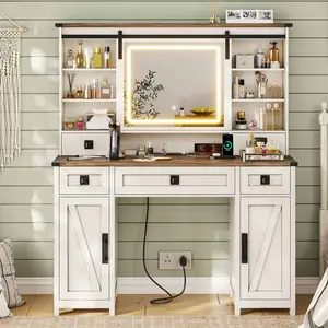 SIKAIC LED Vanity Desk - Rustic Farmhouse Vanity Desk Furniture with Wood Frame, LED Lights, Sliding Mirror for White Home Decor