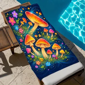 Psychedelic Folk Art Mushroom Print Beach Towel - Deep Inky Blue Starry Suitable for Beach, Pool, Travel, Sand-Free Quick-Dry Towel with Bucket Hat Matching Style, Light Slate Blue for &, Bathing
