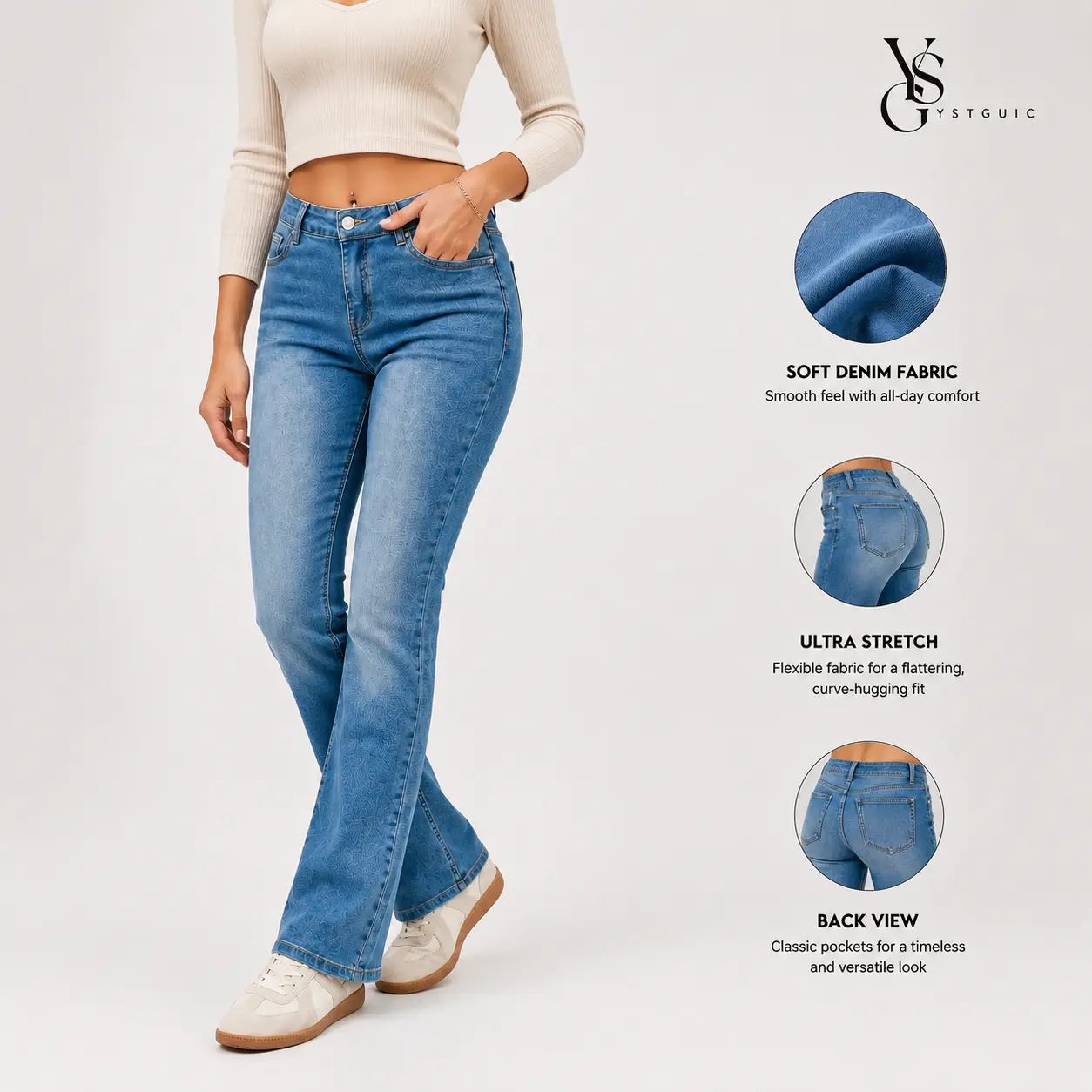 Women's Low-Rise Stretch Flared Wide-Leg Jeans—Tummy-control and butt-lifting design that flatters your curves; simple, comfortable, and perfect for casual everyday wear.