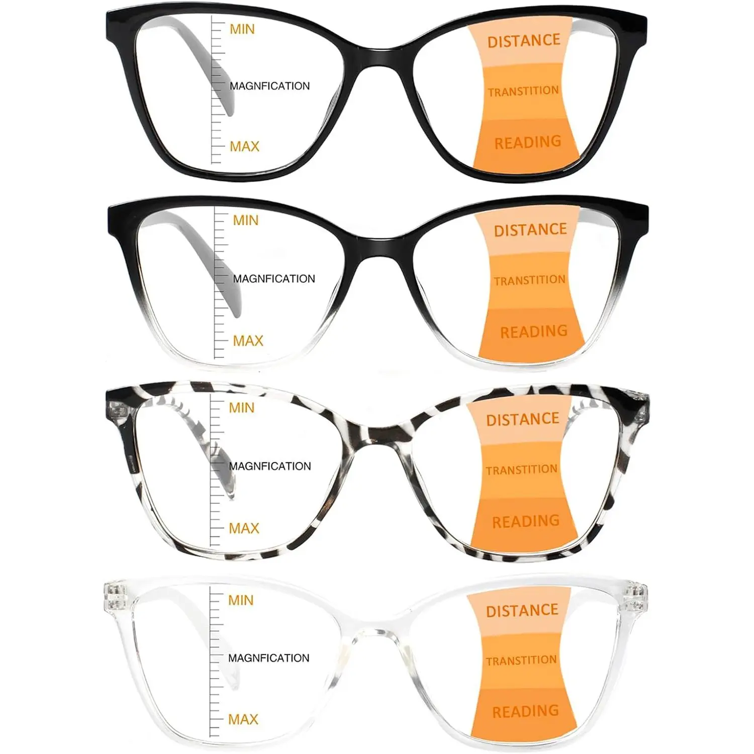 4 Pack Progressive Multifocus Reading Glasses for Women Men Blue Light Blocking Readers with Spring Hinge