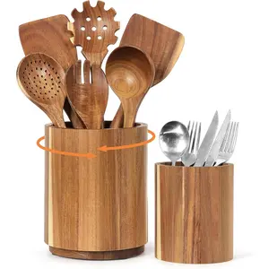 Utensil Holder for Kitchen Countertop: 360 °   Rotating Wooden Utensil Crocks - Farmhouse Cooking Spoons Organizer