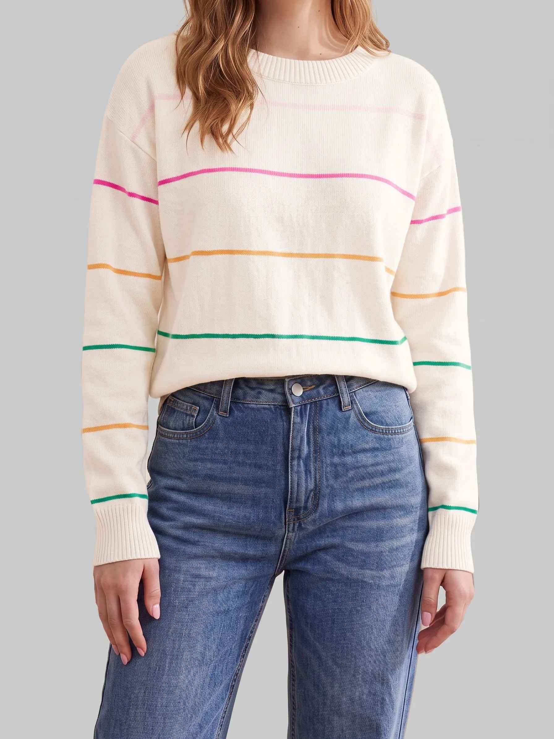 Shewin Women's Knitwear Pullover, Casual Colorful Striped Style, Oversized Long Sleeve Crew Neck Polyester Top