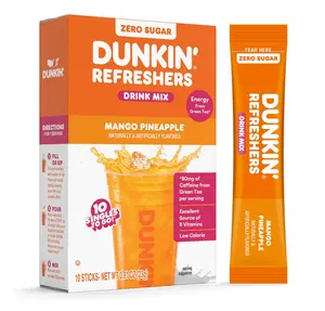 Dunkin’ Zero Sugar Refreshers Singles To Go! Powdered drink mix packets, Mango, Lemonade, Strawberry Dragon fruit,10 packets per box Energy from Green Tea, aspartame-free, no synthetic colors, naturally and artificially flavored