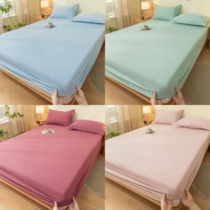 3pc Solid Color Bedding Set (1 Fitted Sheet + 2 Pillowcases), Contemporary Style, Multiple Sizes Available, Sky Blue, Light, Bean, Bed Sheet Sets