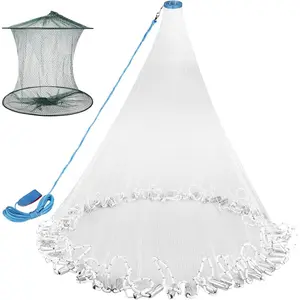 Cast Net for Fishing with Shrimp Cage,  Freshwater Saltwater 3/4/5/6/7/8/9/10Ft Radius Casting Net   Fish, Heavy Duty Zinc Sinker, 3/8 Inch Mesh Size