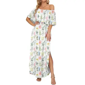 [Restocked] AUSELILY Women's Off The Shoulder Dress Wedding Guest Dress Summer Casual Long Ruffle Party Side Split Beach Maxi Dresses with Pockets