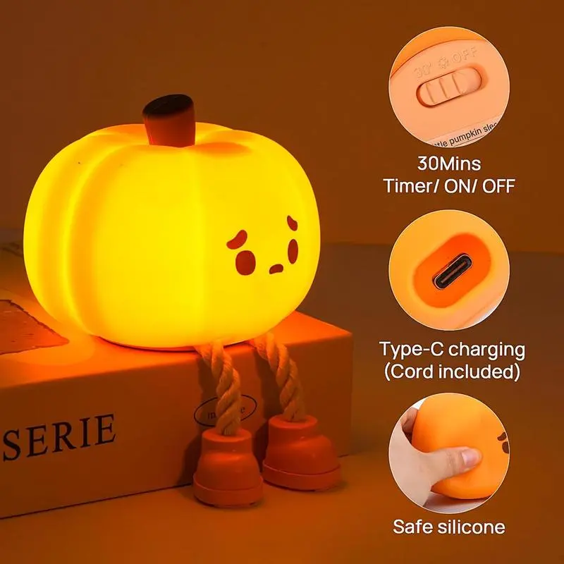 Pumpkin Night Light, Cute LED Lamp, Silicone Dimmable Nursery Nightlight for Kids, Silicone Rechargeable Bedside Touch Lamp, Funny Office Desk and Halloween Decor for Woman and Kids, Round Night Lamps, Decorative Lighting