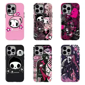 Tokidoki Pink Black Skull Phone Case Whimsical Emo Gothic Cartoon Character Compatible for iPhone 17 16 15 14 13 12 11 and for Samsung S21-S25 Ideal Gift for Woman/Man