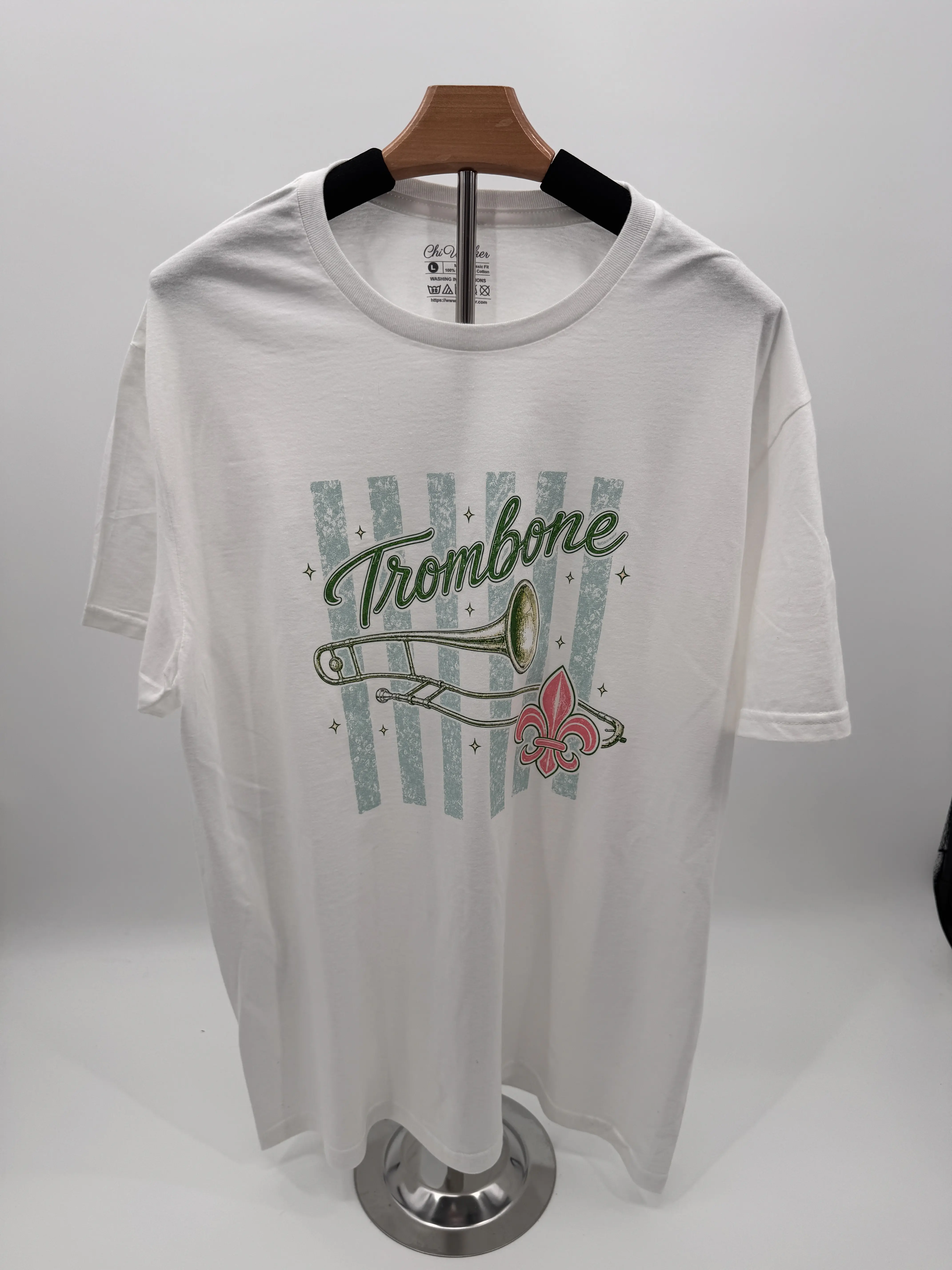 Vintage Trombone Graphic T-Shirt with Fleur-de-Lis Design shirts