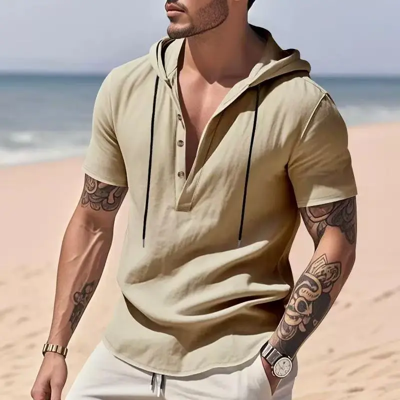 A summer essential! Men’s casual Henley shirt with hood, breathable short sleeves—versatile top for vacations and everyday wear