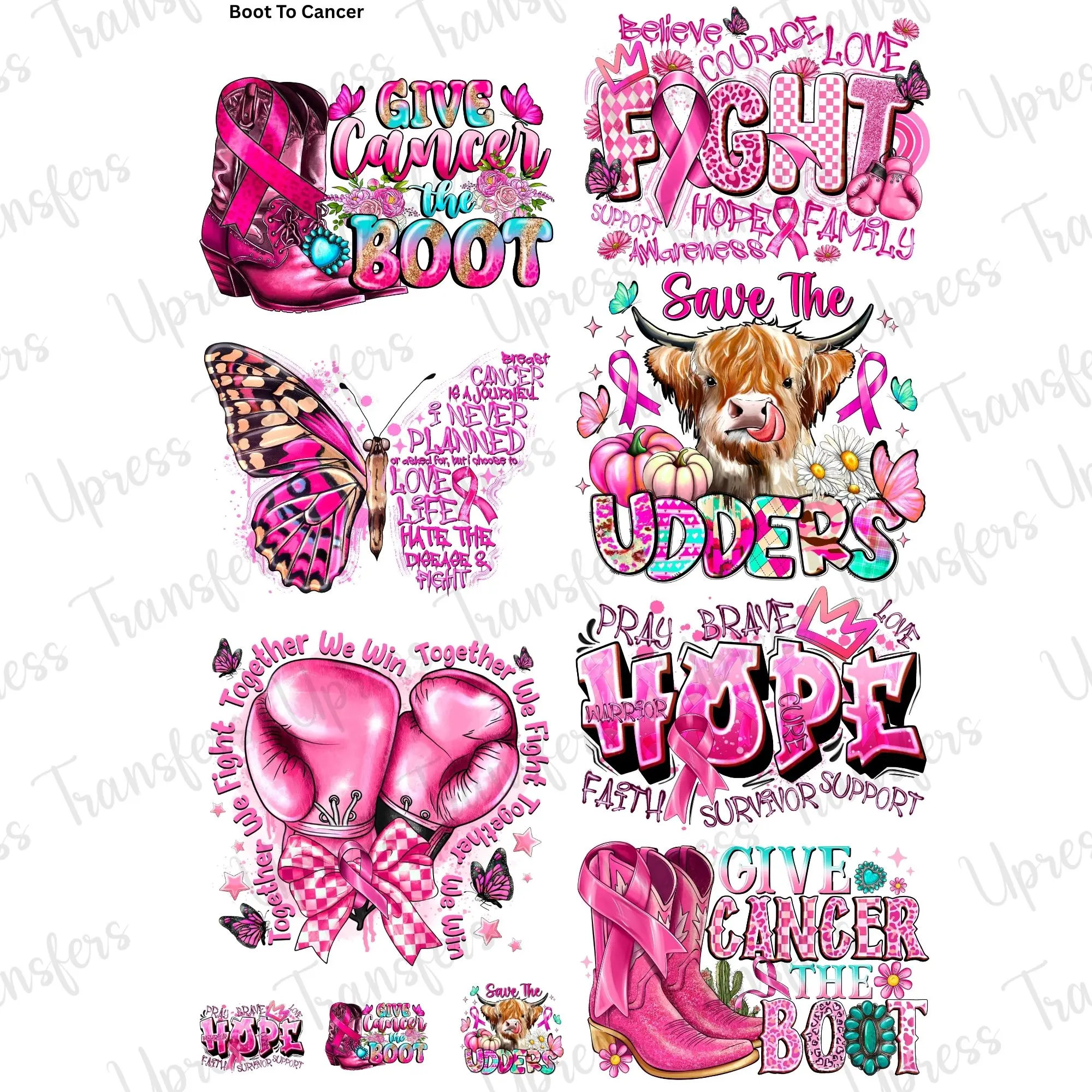 Boot To Cancer DTF Transfer Gang Sheet 24.5" wide x 36" long. Direct To Film Mini Gang Sheet