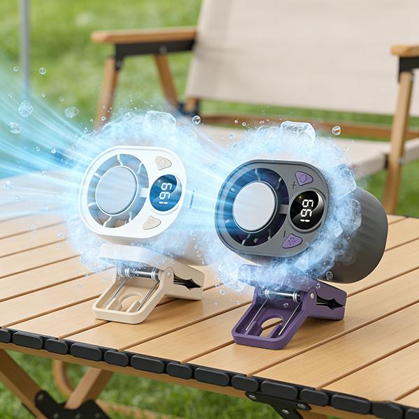 Portable car LCD fan with 360° rotation and 199-speed adjustment. USB charging. Low noise. Mini clamp-type fan. Compact and multi-functional. Suitable for use in cars, umbrellas, bicycles, travel, camping and outdoor activities.