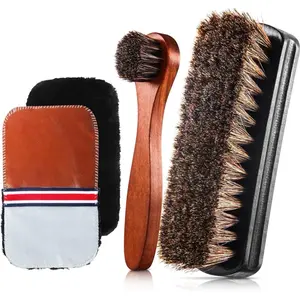 4 Pcs Horsehair Shine Shoes Brush Kit Polish Dauber Applicators Cleaning Leather Shoes Boots Care Brushes Suede Cleaner Brush with Microfiber Shoe Gloves(4 Pcs Style D)