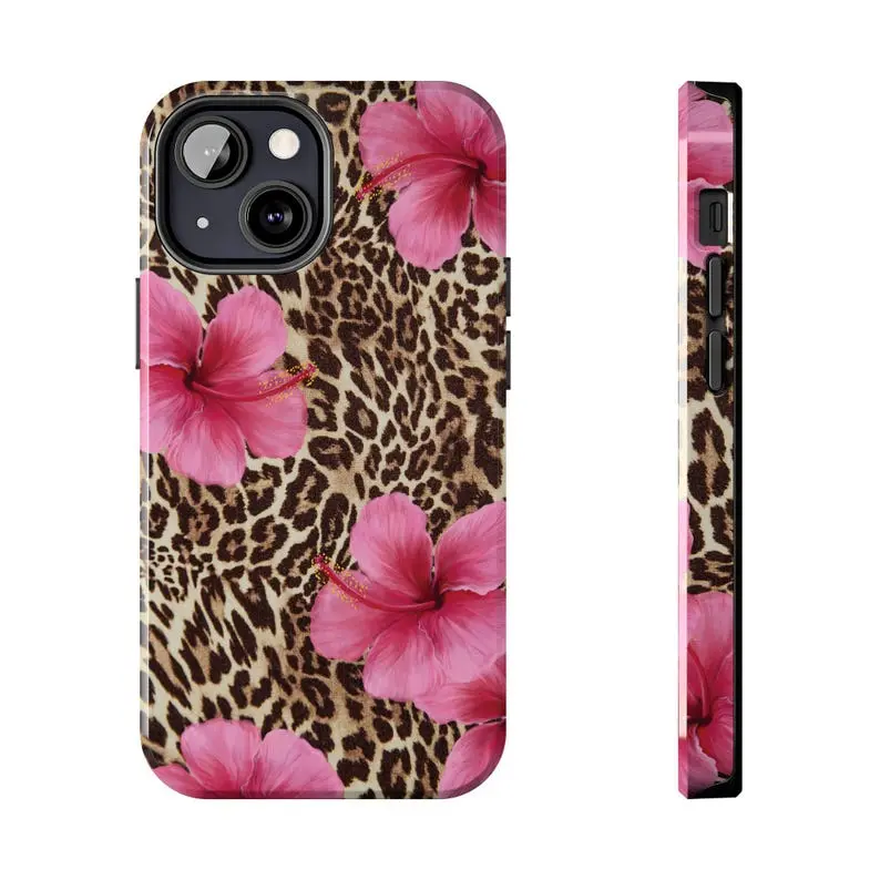 Leopard & Pink Hibiscus Smartphone Casing, Tropical Floral Animal Print Handheld Cellphone Cover, Drop Protection for iPhone 16 15 14 13 12 Pro Max Plus & Samsung Galaxy S25 Devices
