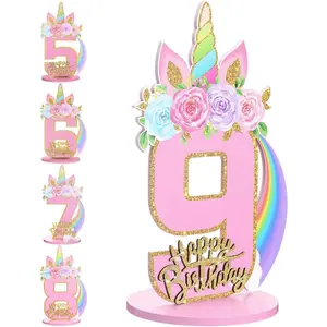 MiniInflat Unicorn 1/2/3/4/5/6/7/8/9th Birthday Number Sign Centerpiece for Girls 11.8 Inch Wooden Table Decoration Unicorn Party Supplies for Anniversary Birthday(Number 9)