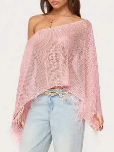 Women Sequin Knit Poncho Fringe Hem Off Shoulder See-Through Crochet Cape Sheer Shrug Lightweight Beach Cover Ups