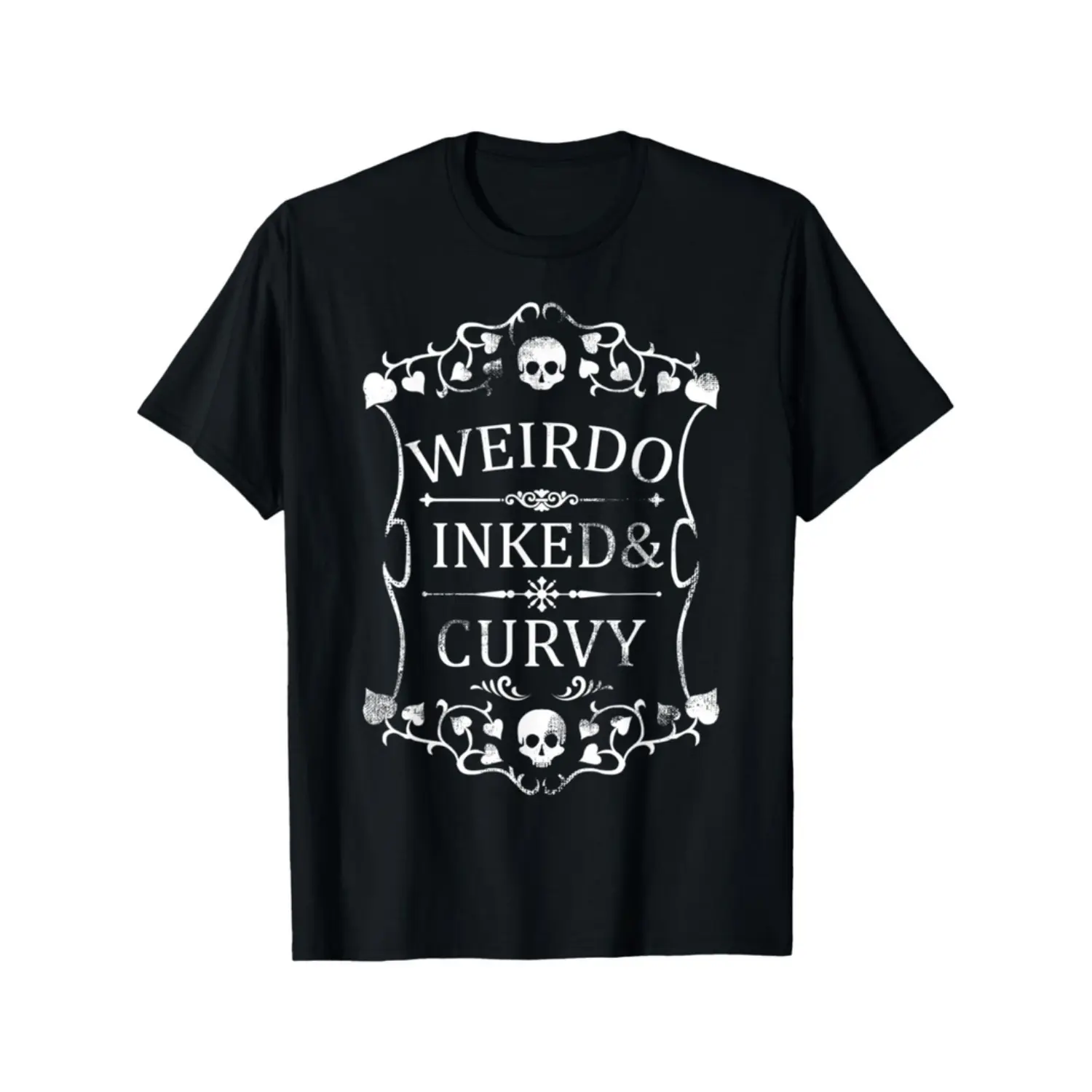 Plus Size Women's Gothic Graphic Top, "Weird Inked & Curvy" Skull & Floral Print, Soft Breathable Shortsleeve with Retro Edge for Casual Streetwear, Cotton, Women's Clothes, Wave