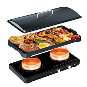 Induction Cooktop 2 Burner with Removable Cast Iron Griddle Pan Non-Stic Portable Double Induction Cooktop with Timer&Digital Temperature Control Suitable for Kitchen Great for Family Party