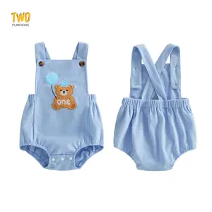 Baby Boy Birthday Romper Sleeveless Square Neck Animal Balloon Embroidery Bodysuit Newborn Backless Rib Overalls