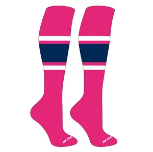 MK Socks Striped Knee High Baseball, Football Socks (B) Hot Pink, White, Navy