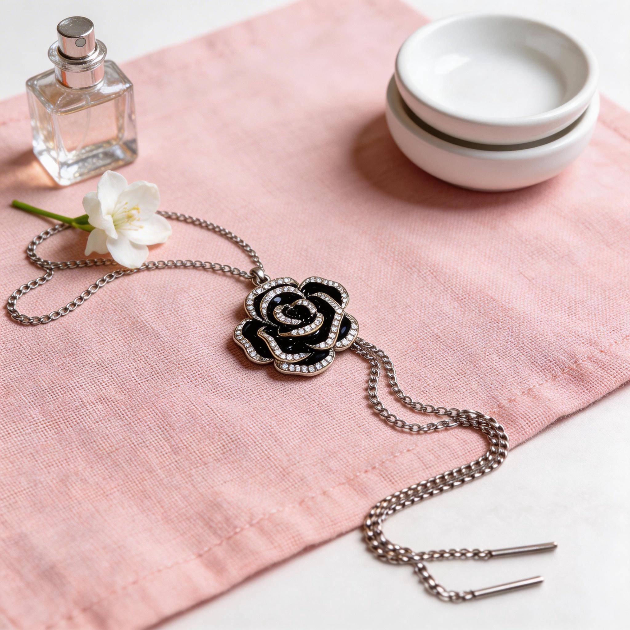 Sensitive Skin-Safe Black Rose Necklace, Adjustable Chain, a Surprise Gift for Anniversary/Prom Hypoallergenic Luxury Rose Necklace & Brooch, Sparkling CZ, a Precious Gift for Her Sensitive Skin