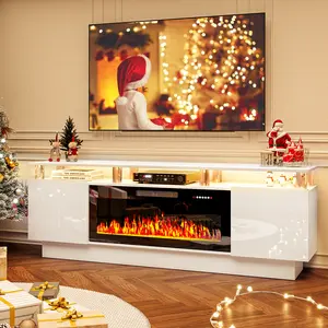 PUKAMI 70" Modern Fireplace TV Stand with 36" Electric Fireplace for TVs Up to 80 inch, Luxury LED Light Entertainment Center with High Gloss Cabinet (White, 70" (8 Acrylic Posts))