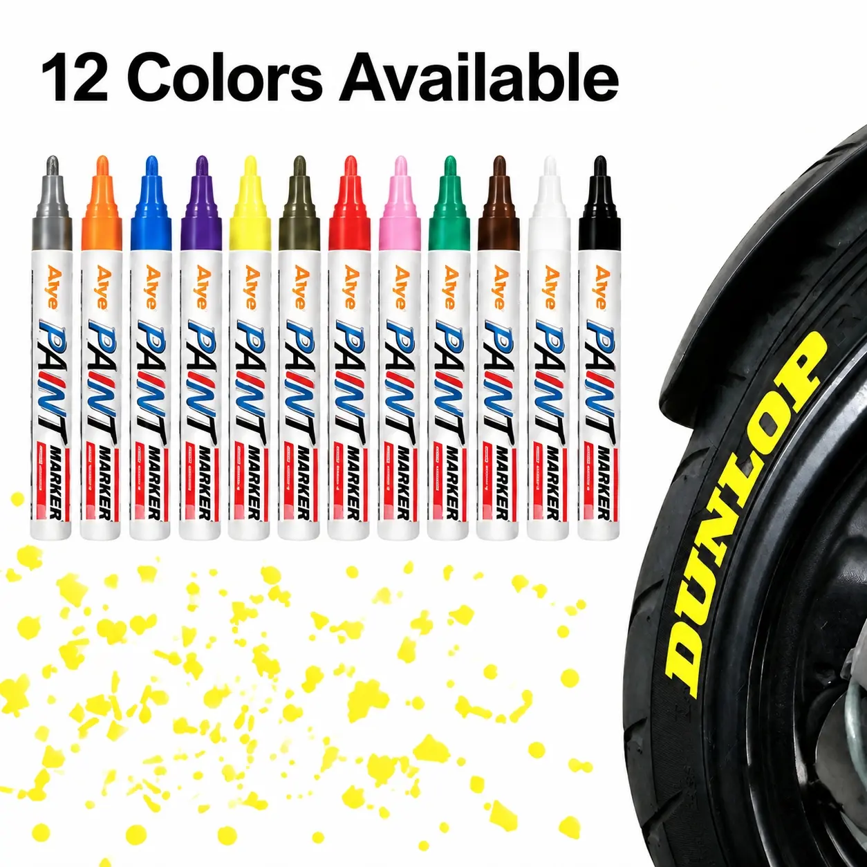 12-Color Assorted Permanent Oil-Based Paint Marker Pens, Medium Tip, Quick-Drying, Waterproof, Non-Fading with Reliable Performance, Versatile and Creative for Automotive Tire Lettering, Detailing Crafts, Permanent Marking