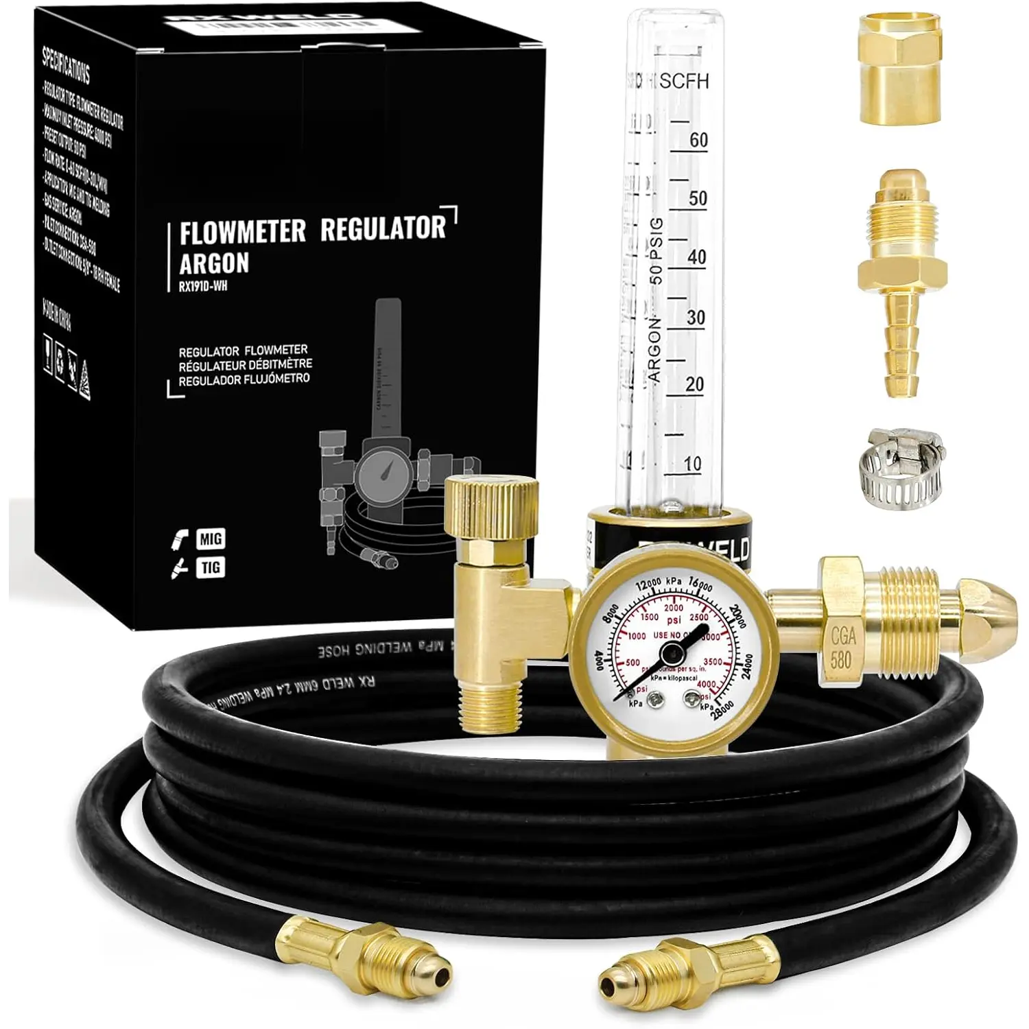 Argon Regulator Flowmeter with Ball Gauge, Brass Body, Hose + Clamp for MIG-TIG Welders, Welding Accessories