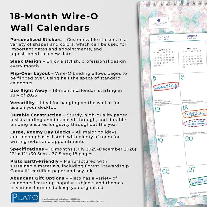 House of Turnowsky OFFICIAL | 2026 12 x 12 Inch (Hanging) 18 Months Monthly Square Wire-O Calendar | Sticker Sheet | July 2025 - December 2026 | Plato | Stationery Elegant Exclusive 5