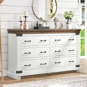 VanAcc Farmhouse Drawers Dresser Chests for Bedroom, 48" Tall Wood Rustic Chest of Drawers/w Thick Plank Styling, Heavy Duty Closet Storage Dresser Organizer, Living Room, Hallway, Antique White