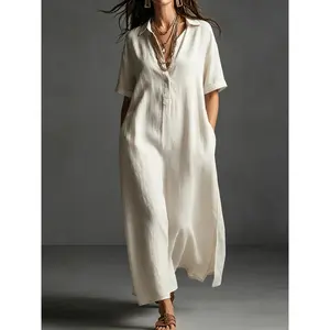VVZ 2026 women's simple elegant turn-down collar short sleeve dress, solid color loose midi dress, ideal for daily, travel, dating, commuting, versatile summer outfit