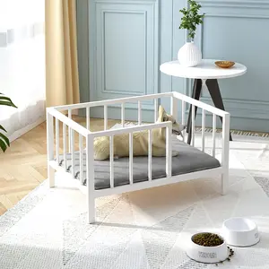 Bed with Rails - Elevated Pet Metal Bed Frame with Solid  Board and Washable Soft Mat for Small  Indoor or Outdoor Use, 21.3" x 30 ", White