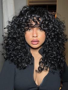 18 inch long curly wigs for women, gorgeous fluffy wigs with bangs, synthetic full machine wigs for party and daily use