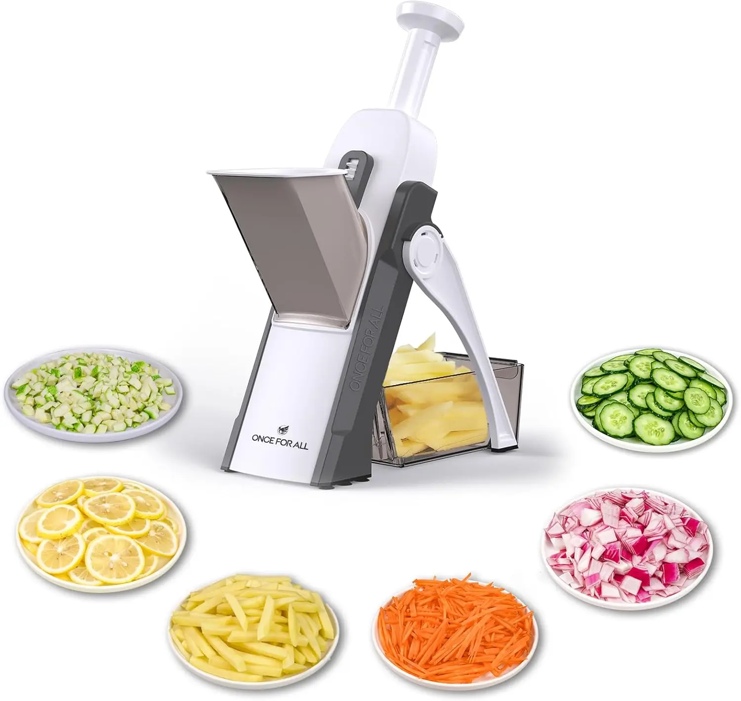 ONCE FOR ALL 5 In 1 Durable Stainless Steel Blade Mandoline Slicer - Collapsible Design Vegetable Chopper, Potato Cutter, Julienne Dicer, 0.1-8 mm Adjustable Thickness, Strong Suction Cup Base for Fast Meal Prep & Cooking Kitchen Utensil
