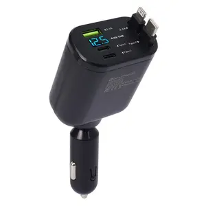 5 in 1 Retractable Car Charger, USB 3.1A Type C with One Fast Charging USB C Retractable Cable, Voltage Detection Car Charger for iPhone 16/15/14 S24/S23 iPad Tablet, Samsung  Xiaomi Huawei