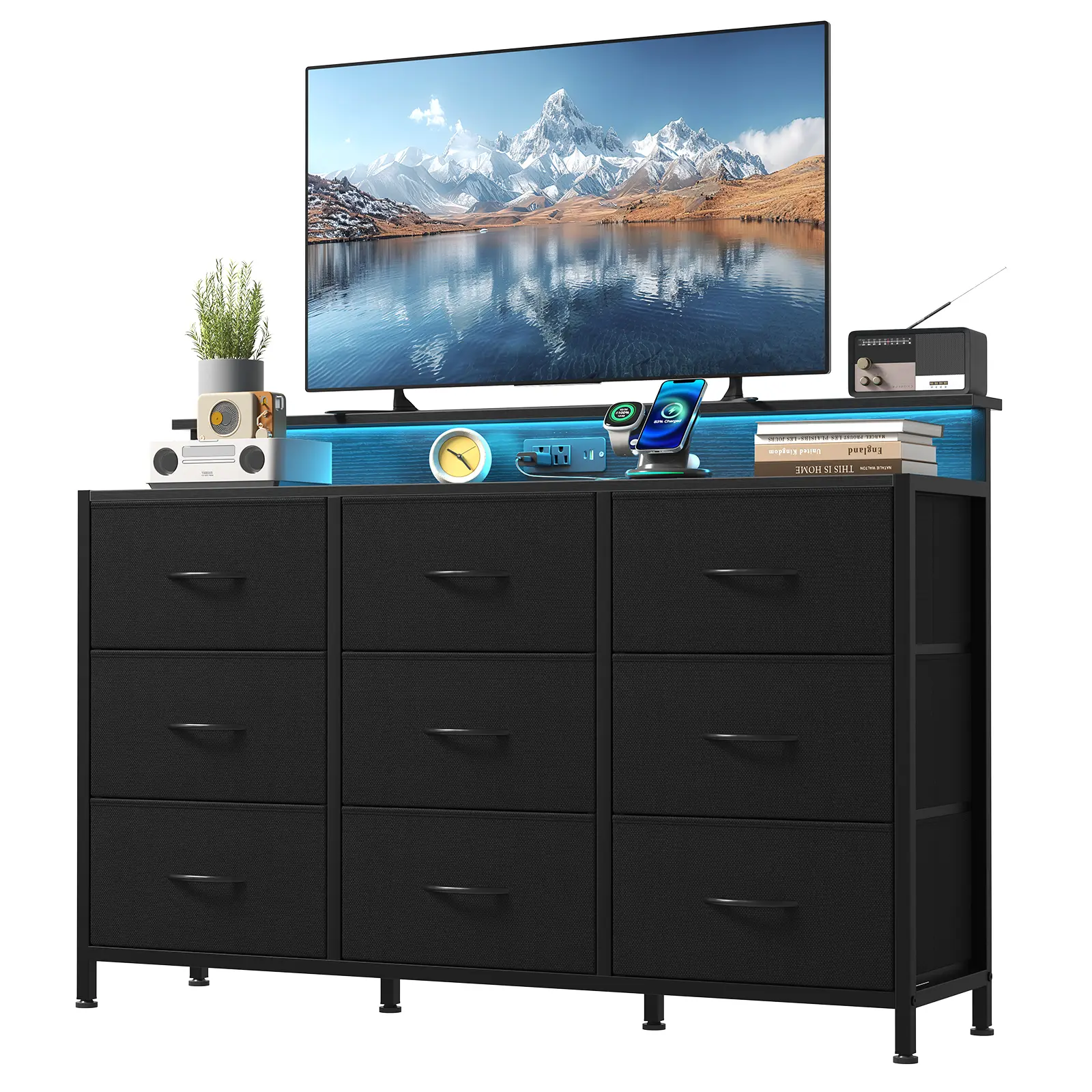 Multifunctional Floor TV Stand for Up to 55-in Living Room Use, RGB LED Light Entertainment Center, TV Console Table with Charging Station & 9 Fabric Drawers