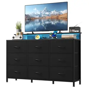 47 inch TV Stand for up to 55 inch TVs, Entertainment Center with RGB LED Lights & Charging Station, Media Console with 9 Fabric Drawers, Black