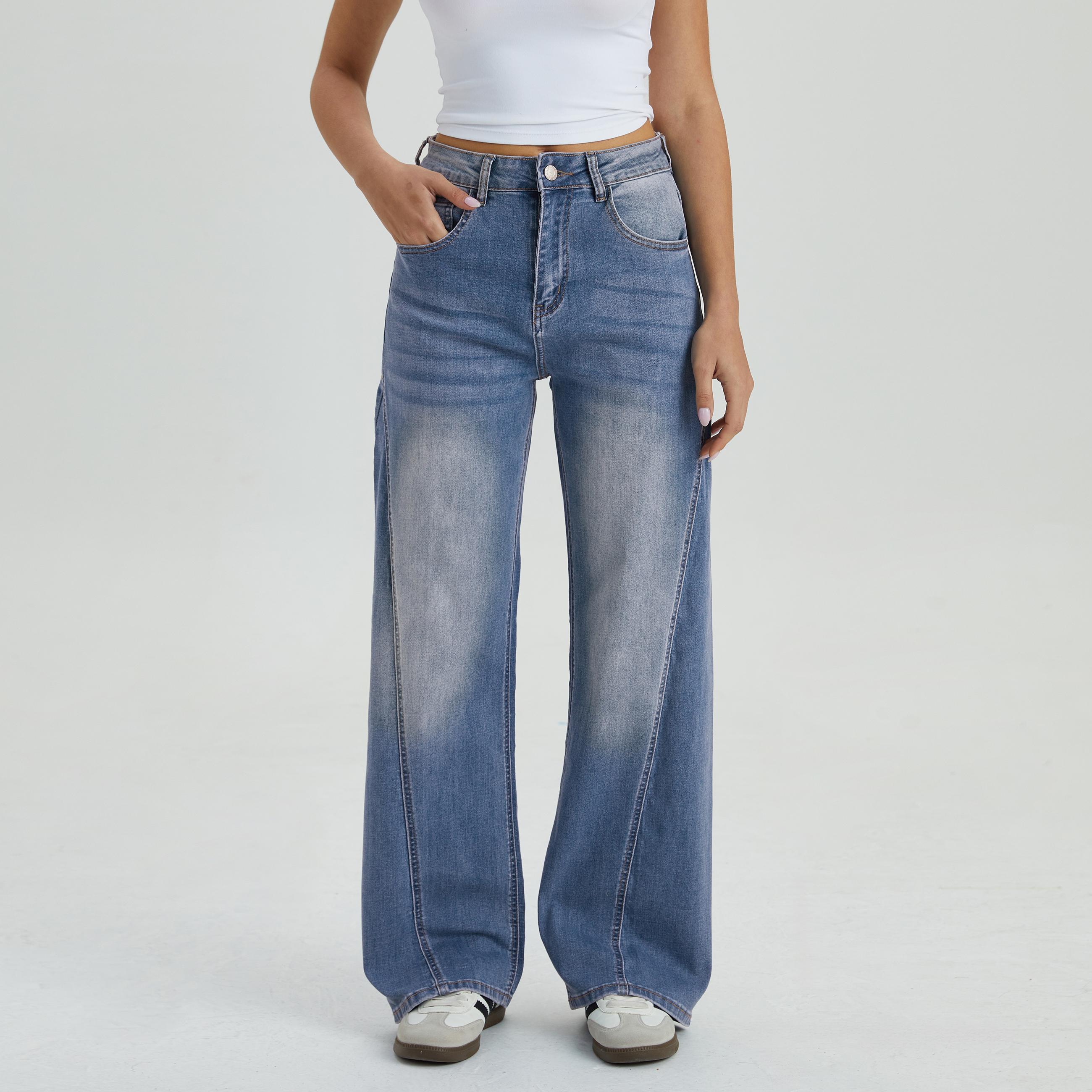 KatchMe Women's Basic High Waist Side Seam Wide Leg Jeans, Classy Multi-Pocket Denim Trousers, Versatile Women's Bottom, Streetwear Outfits