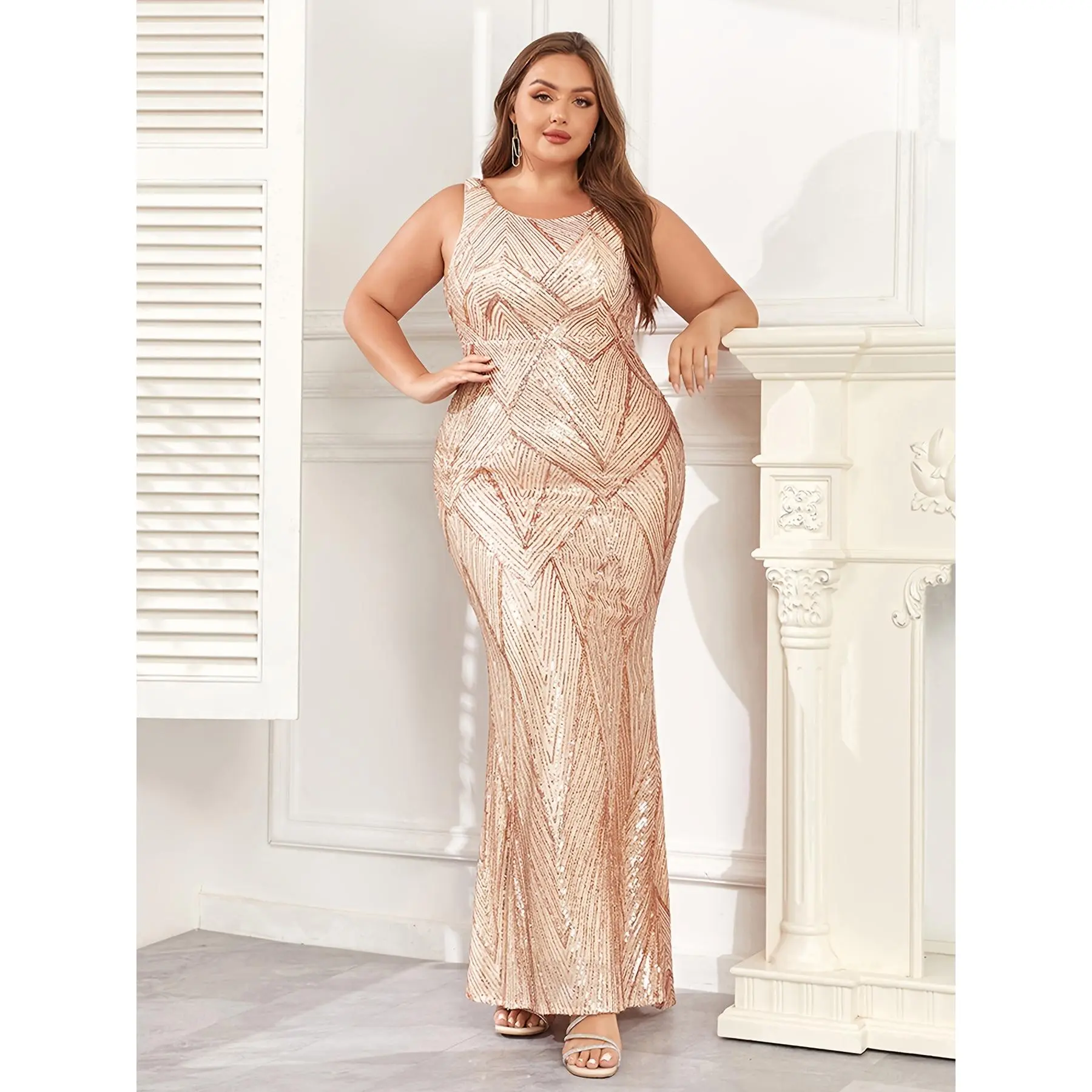 Plus Size Women's Chic Golden Sequin Front Crew Neck Back V Neck Bodycon  Maxi Long Dress for Wedding Party Bridesmaid Sparkling Attire Hip-Hugging  Formal Womenswear Elegant Sleeveless Geometric Design - TikTok Shop
