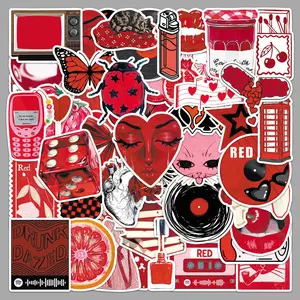 50Pcs Y2K Red Graffiti Stickers Pack, Waterproof Vinyl Aesthetic Stickers for Laptop, Water Bottle, Skateboard, Luggage, Guitar, Cool Trendy Decals for Teens Adults
