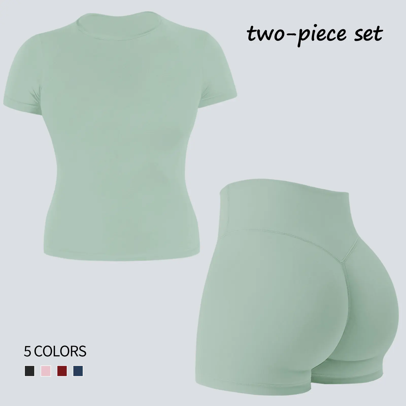Jetjoy Female 2-Piece Seamless Sports Sweat Suit - Tummy Tuck Short-Sleeve Tank T-Shirt, Hidden Scrunch Shorts, Sporty Chic Athleisure Set for Summer Gym Yoga, Sleeve Shirt And Shorts Set Women's Sports Sweat Suit, Above The Knee