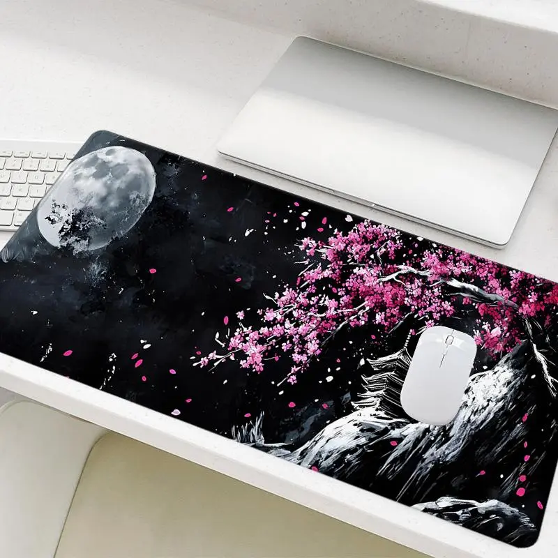 Cherry Blossom Moon Landscape Pattern Mouse Pad, 1 Count Gaming Mouse Pad, Non-slip Rubber Base Stitched Edge Desk Pad for Home Office Game Room, Gaming Desk Accessory