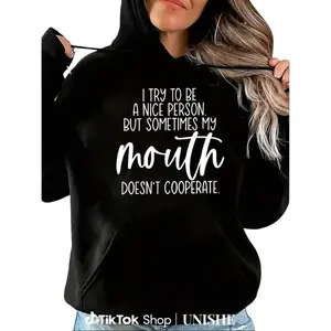 Women's Long Sleeve Hoodie with Letter Print and Comfortable Round Neck
