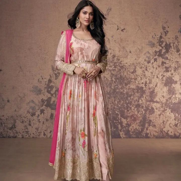 Light Pink size XL/42 Floral Anarkali Gown with Net Dupatta – Elegant Georgette Design with Embroidered, Bead Work, Floral Print, Mirror Work, Resham