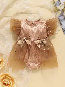Baby Girl Champagne Gold Romper Bodysuit Summer Newborn Princess Dress Satin Embossed Flower Multi-Layer Star Sequins Bow Puff Sleeves