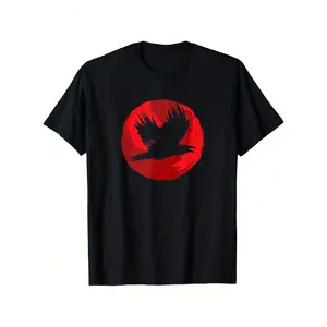 [100% Cotton] Gothic Raven Red Moon Black Crow Graphic T-Shirt - 100% Cotton Relaxed Fit Unisex Casual Tee with Bold Red Moon & Crow Print, All-Season Comfort, Machine Washable - Great Gift for Men & Women  Golf Gift T-Shirt For Men and Women